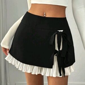 Women Casual Tie-Front Color Block Ruffle Hem Skirt, Summer